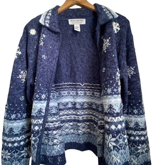 Heirloom Collectible Holiday Sweater Jacket Blue Snowflake Zip Up Size XL Beaded - Picture 2 of 11